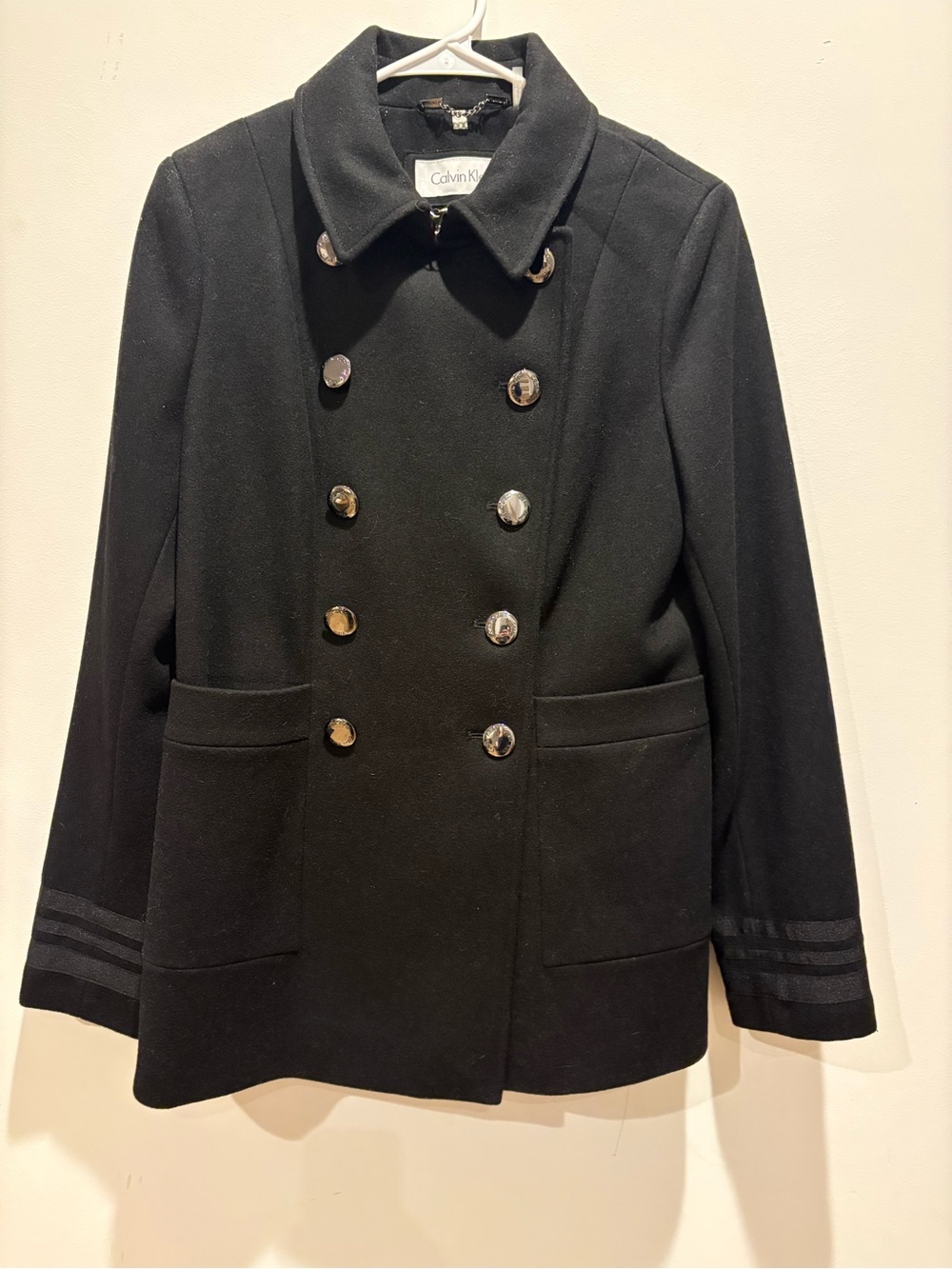 Calvin Klein Black Double-Breasted Peacoat with Silver Buttons